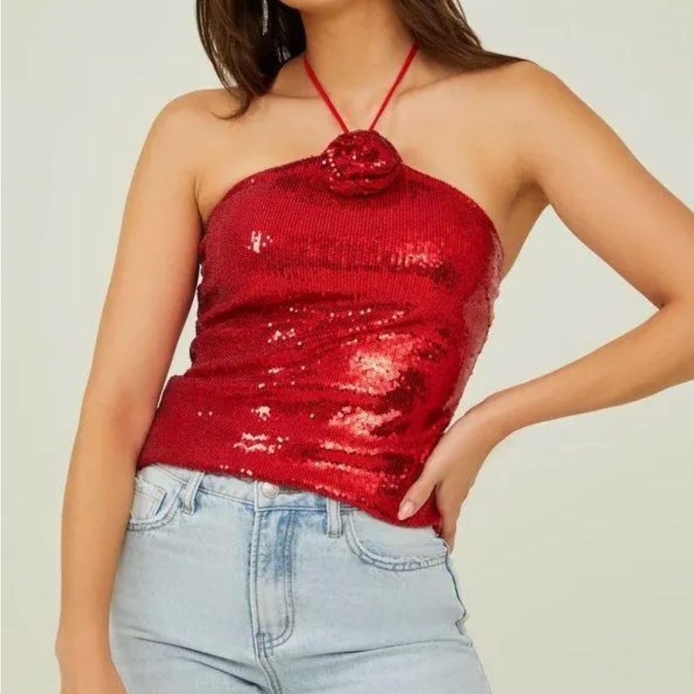 Altar'd State NWT Altar’d state red rose sequin halter top.